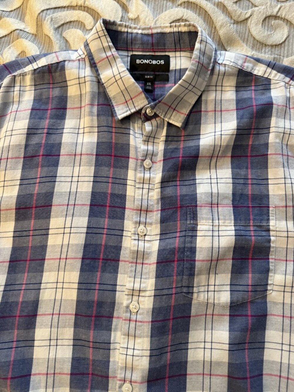 Bonobos Shirt Men's XXL Blue White Red Slim Fit Button Down Long Sleeve Plaid